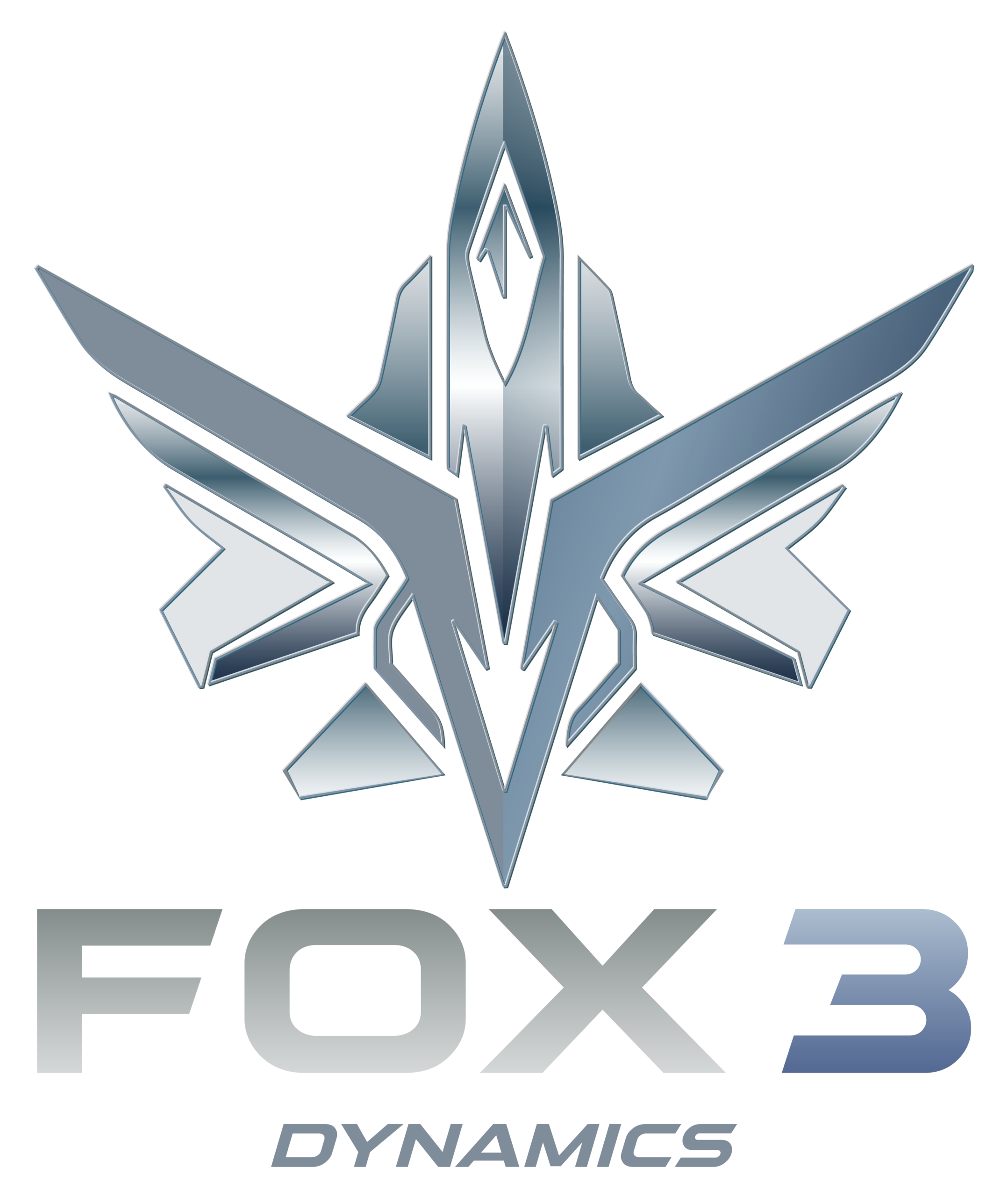 Fox 3 Dynamics metallic blue and silver aviation-inspired logo
